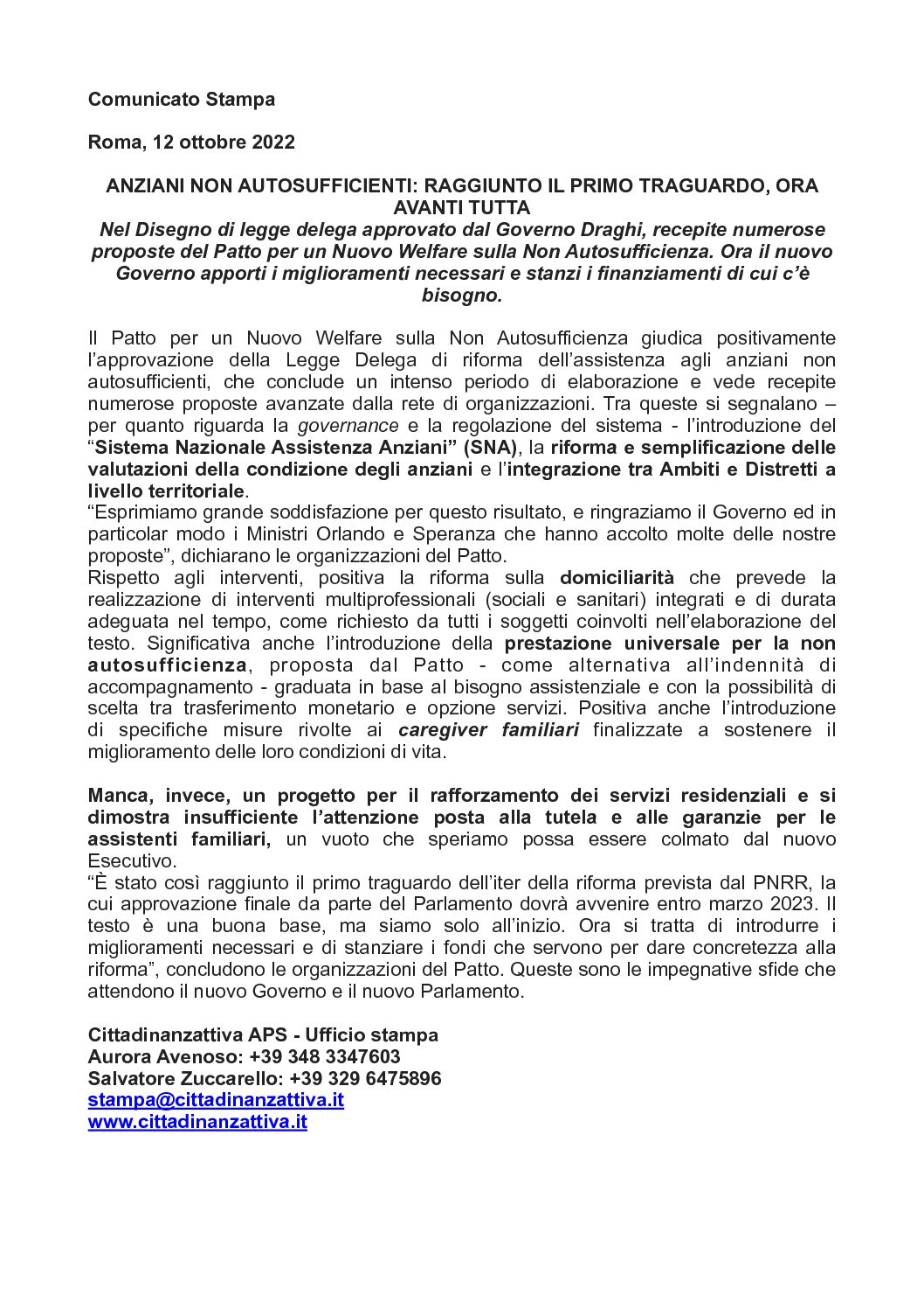 Patto per un Nuovo Welfare sulla Non Autosufficienza – AMOR tra le associazioni aderenti al patto.